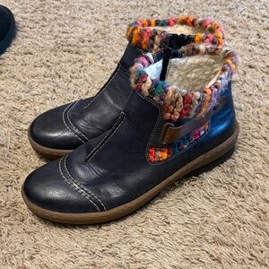 Rieker Black Ankle Boots with Multicolor Knit Trim
